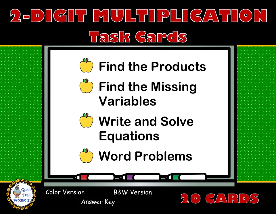 2-Digit Multiplication cover: 20 cards to find products, missing variables, write equations and solve word problems