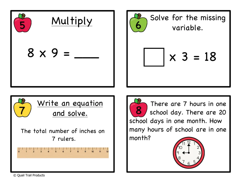 Multiplication cards 5-8: multiply 8 x 9, solve ? x 3 = 18, equation for inches on 7 rulers, hours in 20 school days