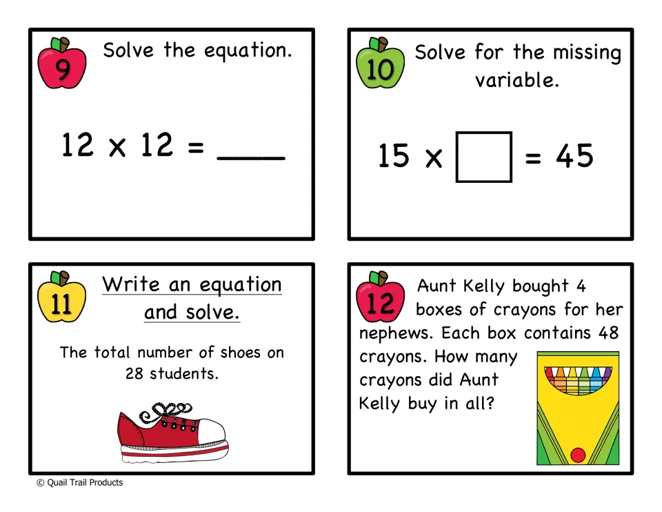 Multiplication cards 9-12: solve 12 x 12, missing factor in 15 x ? = 45, shoes on 28 students, 4 boxes of 48 crayons