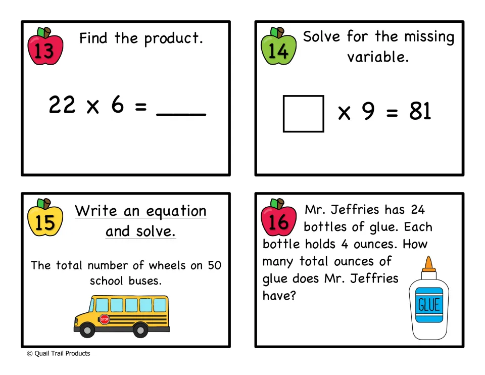 Multiplication cards 13-16: find 22 x 6, solve ? x 9 = 81, equation for wheels on 50 buses, 24 glue bottles of 4 oz