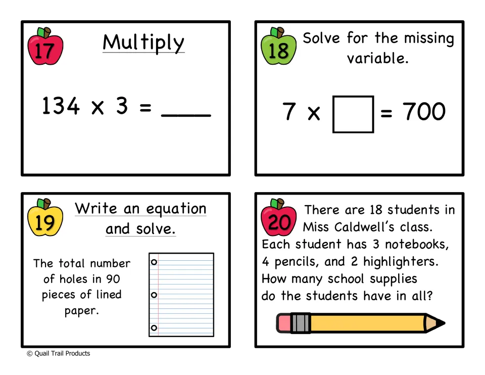Multiplication cards 17-20: multiply 134 x 3, solve 7 x ? = 700, holes in 90 sheets of paper, supplies for 18 students
