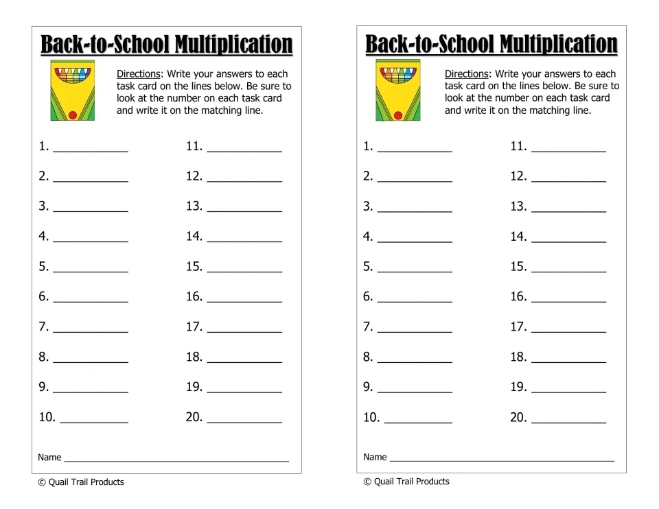 Back-to-School Multiplication recording sheet: students write answers to task cards 1-20 with their name