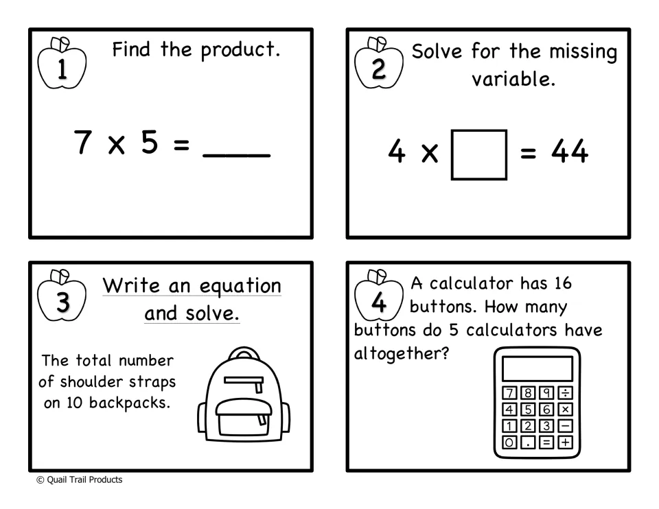 Black-and-white cards 1-4: find 7 x 5, solve 4 x ? = 44, straps on 10 backpacks, buttons on 5 calculators with 16 each