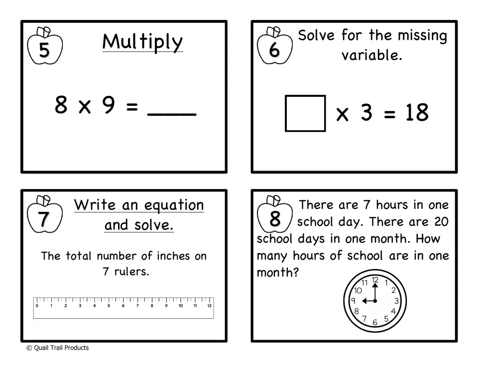 Black-and-white cards 5-8: multiply 8 x 9, solve ? x 3 = 18, inches on 7 rulers, school hours in a 20-day month