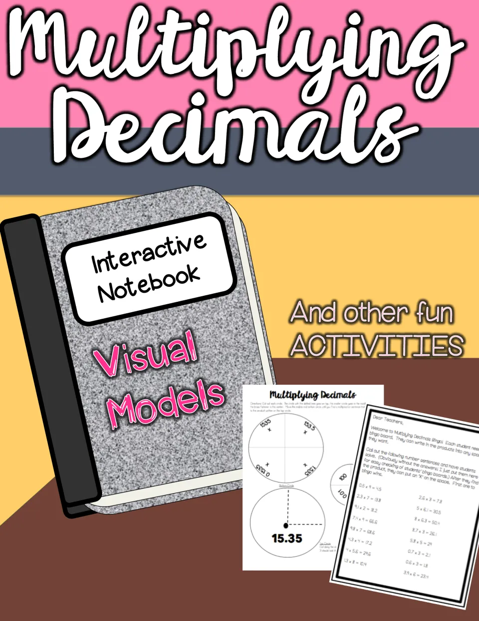Multiplying Decimals interactive notebook cover: visual models, plus previews of a decimal circle activity and bingo