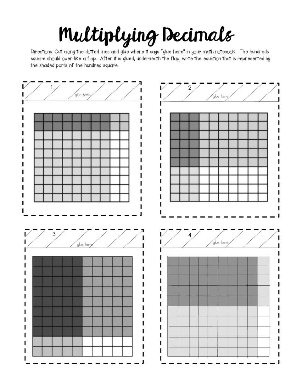Decimal picture equations 1-4: students glue shaded hundred-square flaps in a notebook and write the equation each shows