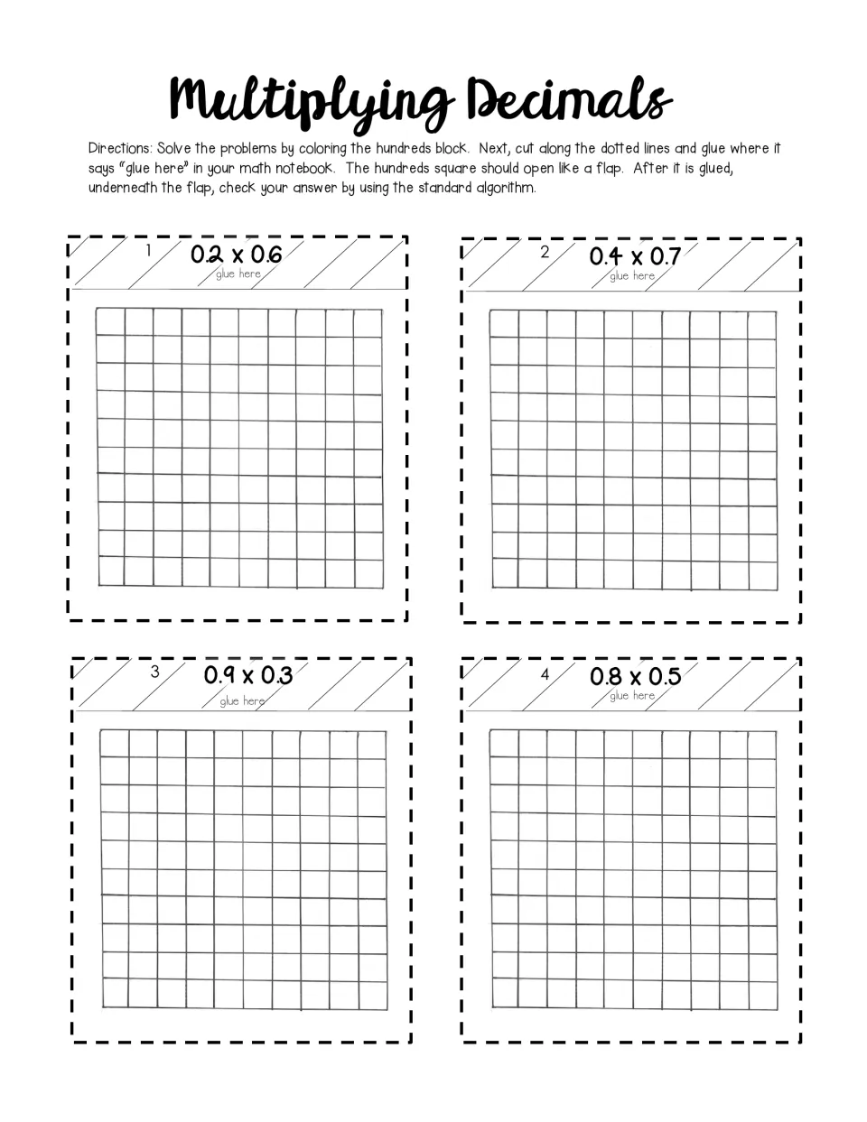 Multiplying tenths 0.2 x 0.6, 0.4 x 0.7, 0.9 x 0.3 and 0.8 x 0.5: students color hundred grids, then check by algorithm
