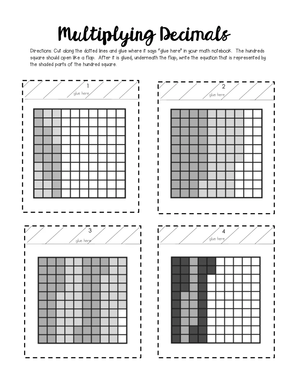 Second picture set 1-4: students read shaded column groups on hundred squares and write the multiplication equation