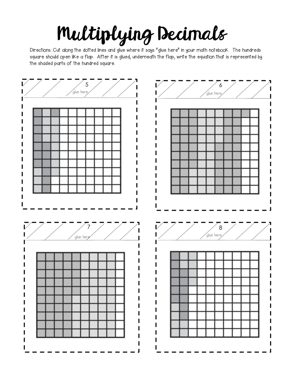 Picture equations 5-8: students glue hundred-square flaps with shaded column groups and write the multiplication shown