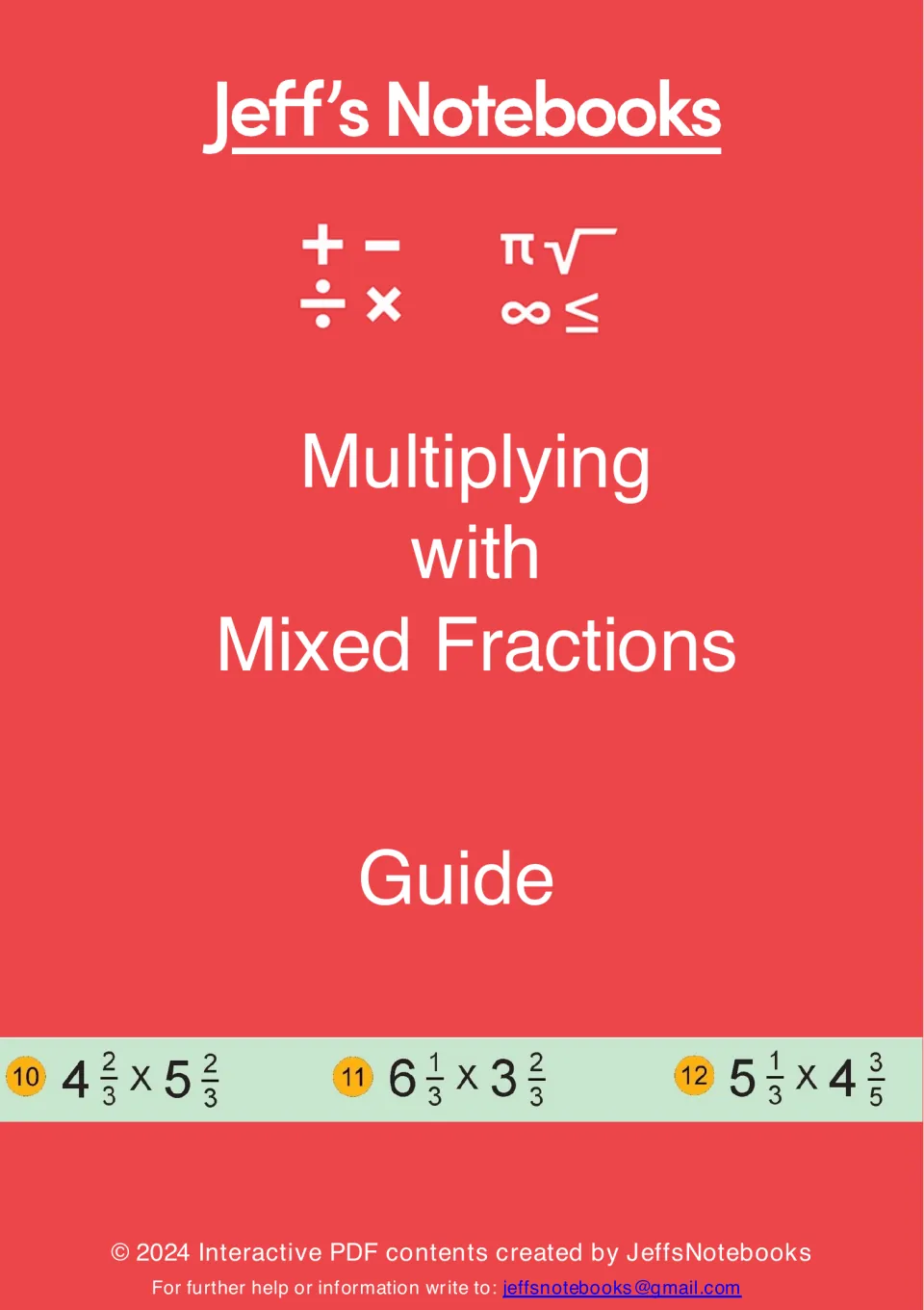 Cover of Multiplying with Mixed Fractions Guide by Jeff's Notebooks, showing sample problems such as 4 2/3 x 5 2/3
