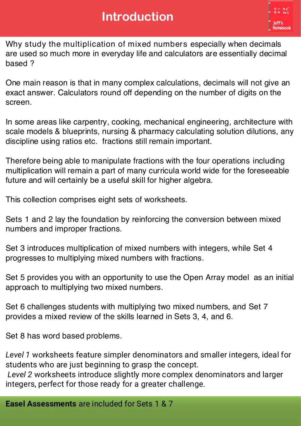 Introduction: why fractions still matter in carpentry, cooking and nursing, plus a summary of eight sets and two levels