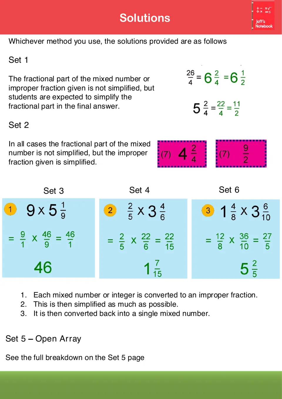 Solutions format: worked examples showing how answers are converted to improper fractions, simplified and rewritten
