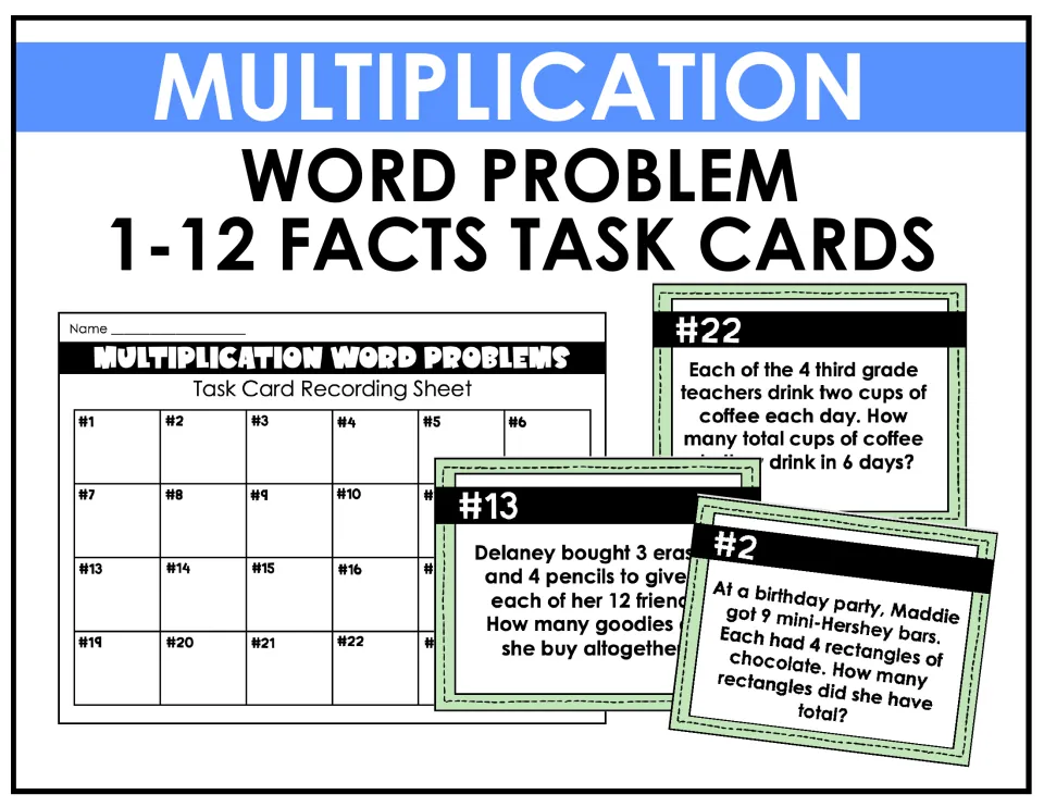 Cover for 1-12 facts multiplication word problem task cards, showing sample cards #2, #13 and #22 and a recording sheet