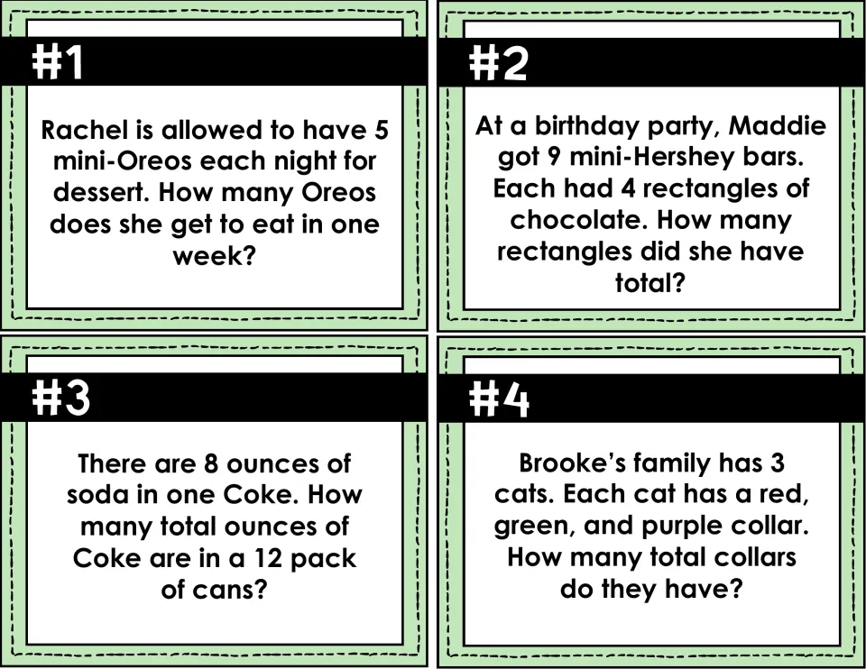 Task cards #1-4: students multiply to solve stories about Oreos in a week, Hershey bar pieces, Coke ounces and cat collars