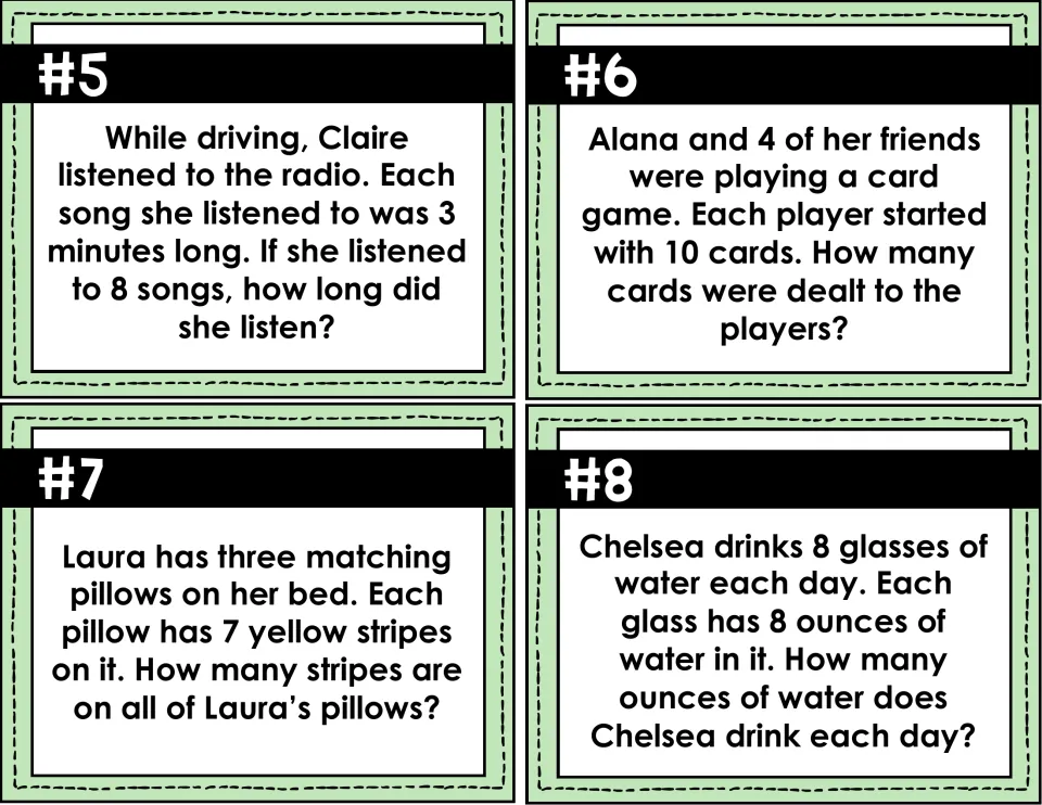 Task cards #5-8: multiplication stories about radio songs, dealing cards to 5 players, striped pillows and water ounces