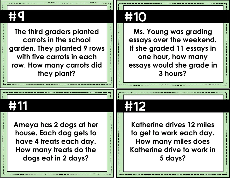 Task cards #9-12: solve equal-groups problems on rows of carrots, essays graded per hour, dog treats and miles driven