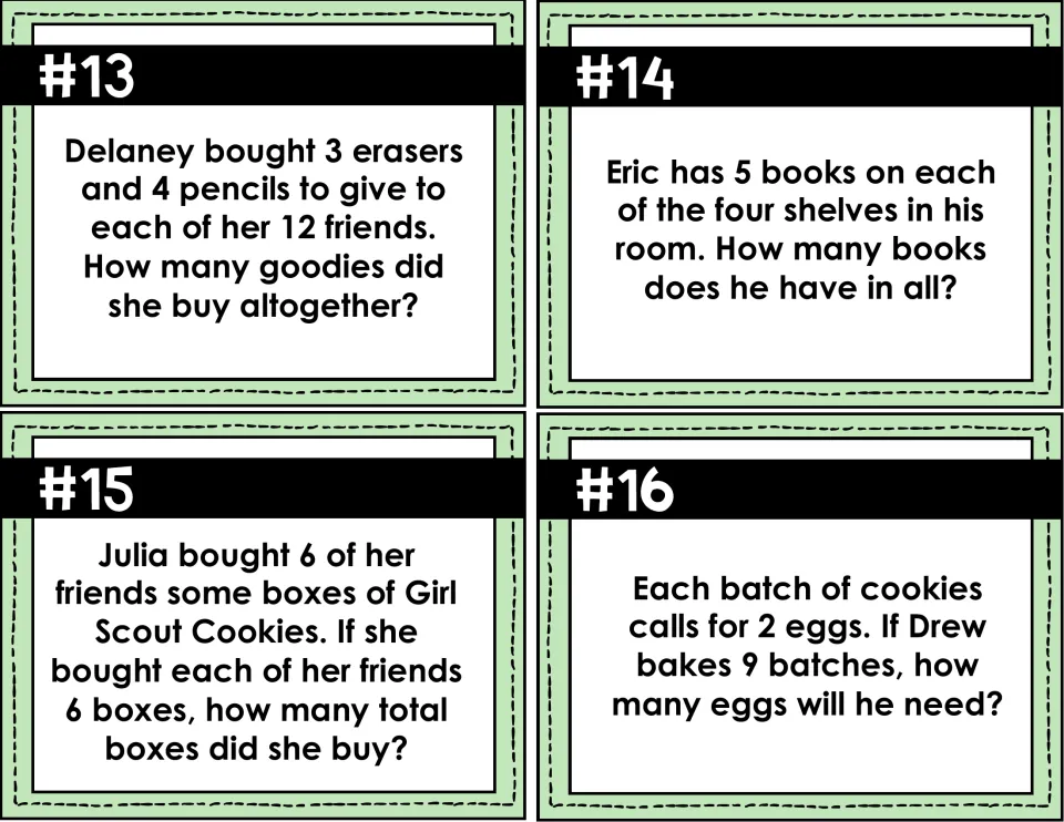 Task cards #13-16: two-step problem on erasers and pencils for 12 friends, books on shelves, Girl Scout Cookies and eggs