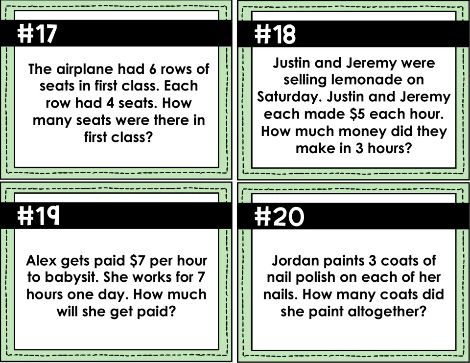 Task cards #17-20: story problems on airplane seats, lemonade money, babysitting pay at $7 an hour and nail polish