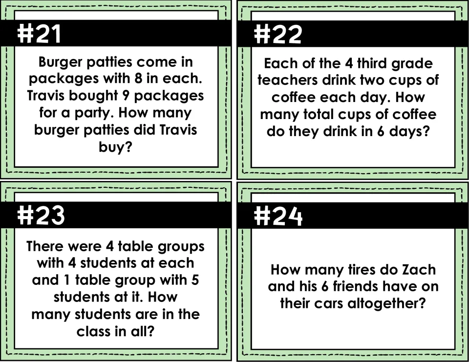 Task cards #21-24: word problems on burger patties, coffee cups over 6 days, students at table groups and car tires