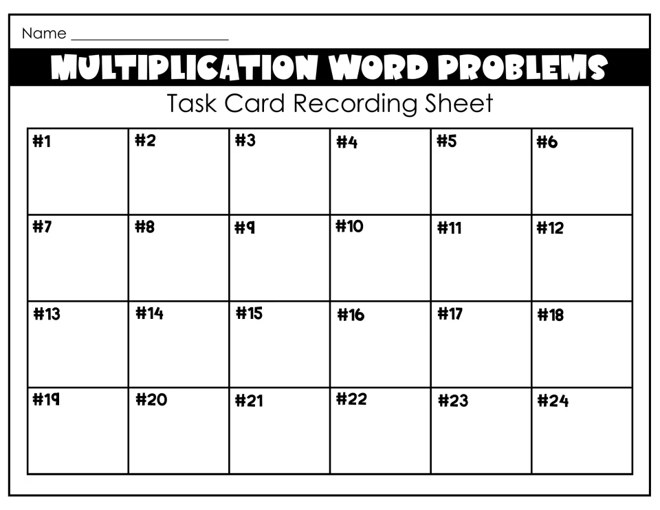 Recording sheet titled Multiplication Word Problems where students write a name and an equation for cards #1 to #24