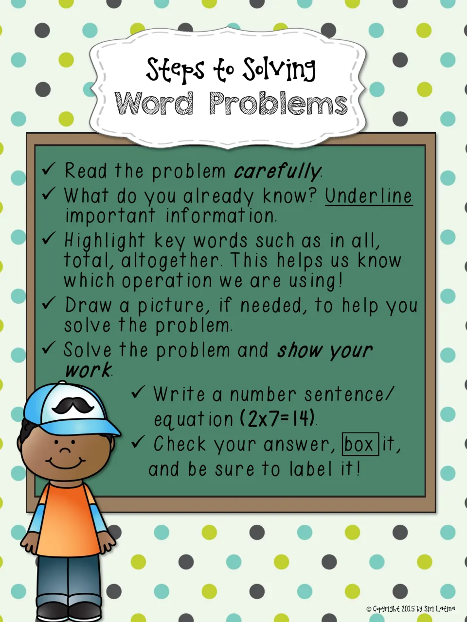 Steps to Solving Word Problems poster: read carefully, underline facts, highlight key words, draw, solve and label answer