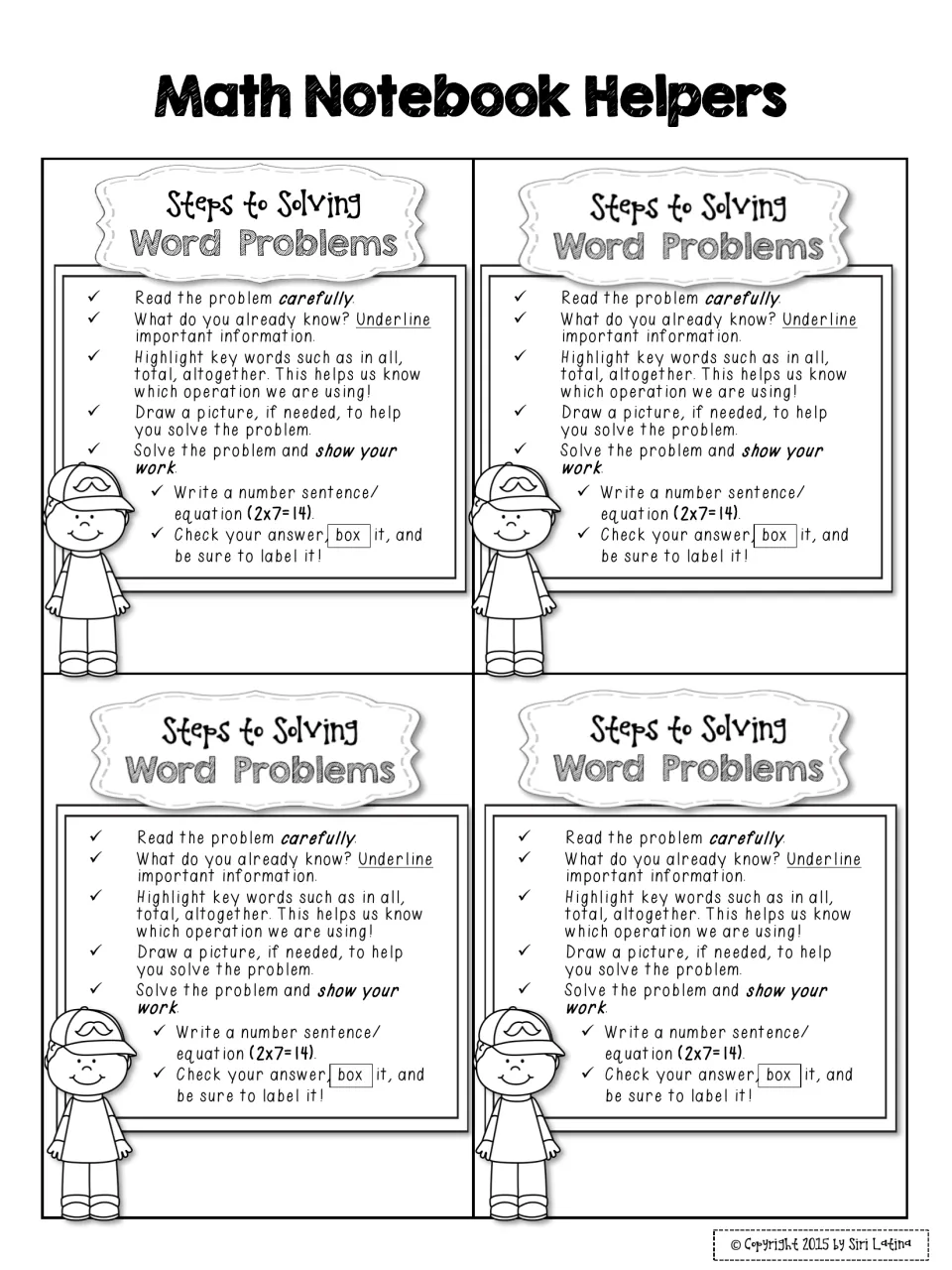 Math Notebook Helpers: four small copies of the word-problem steps checklist sized for student math notebooks