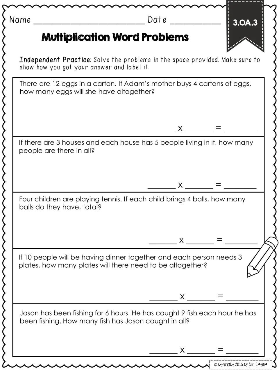 Independent practice: five equal-groups story problems on egg cartons, houses, tennis balls, plates and fish to multiply