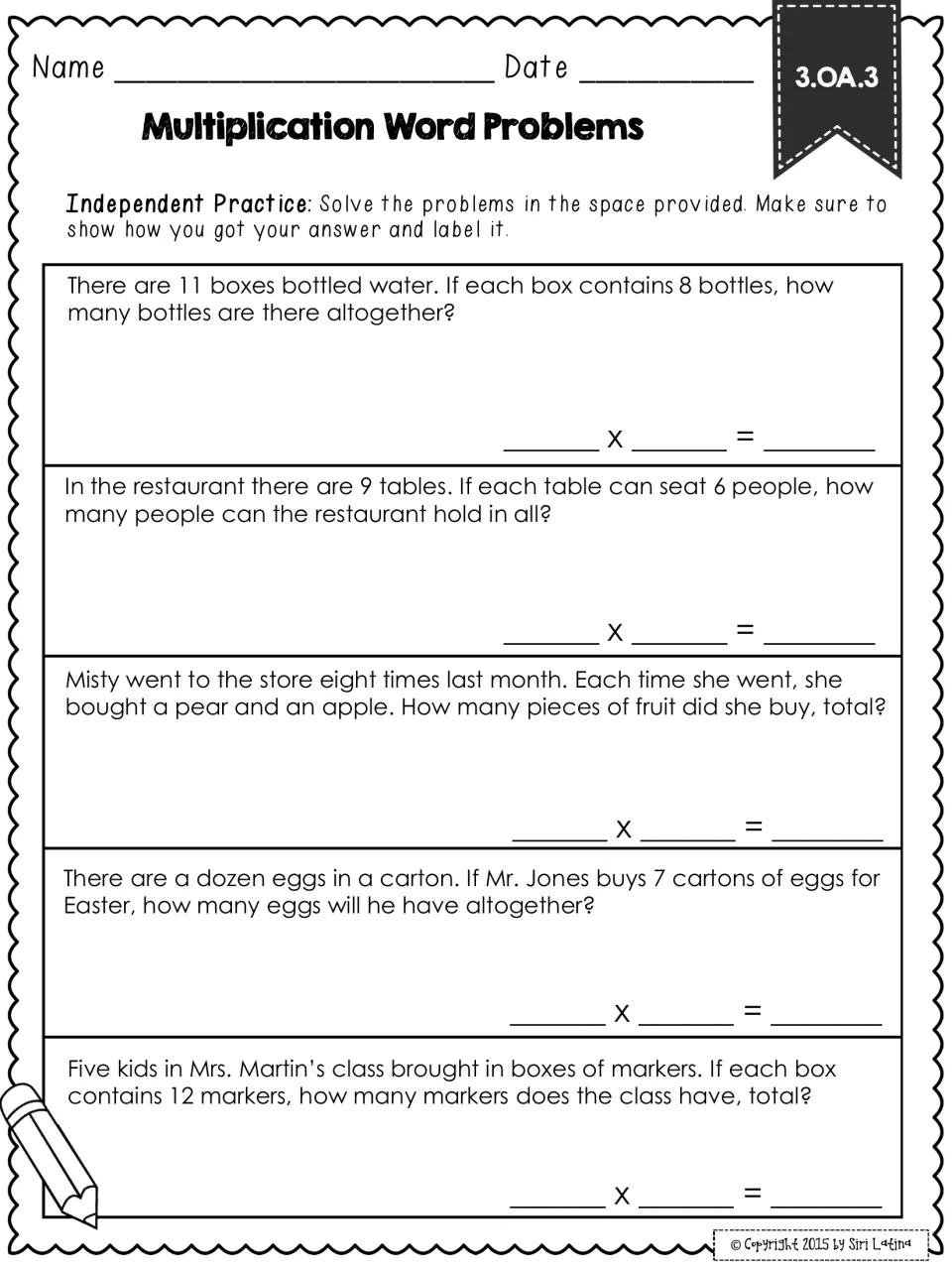 Independent practice: five problems on bottled water, restaurant seats, fruit bought, Easter eggs and marker boxes to solve