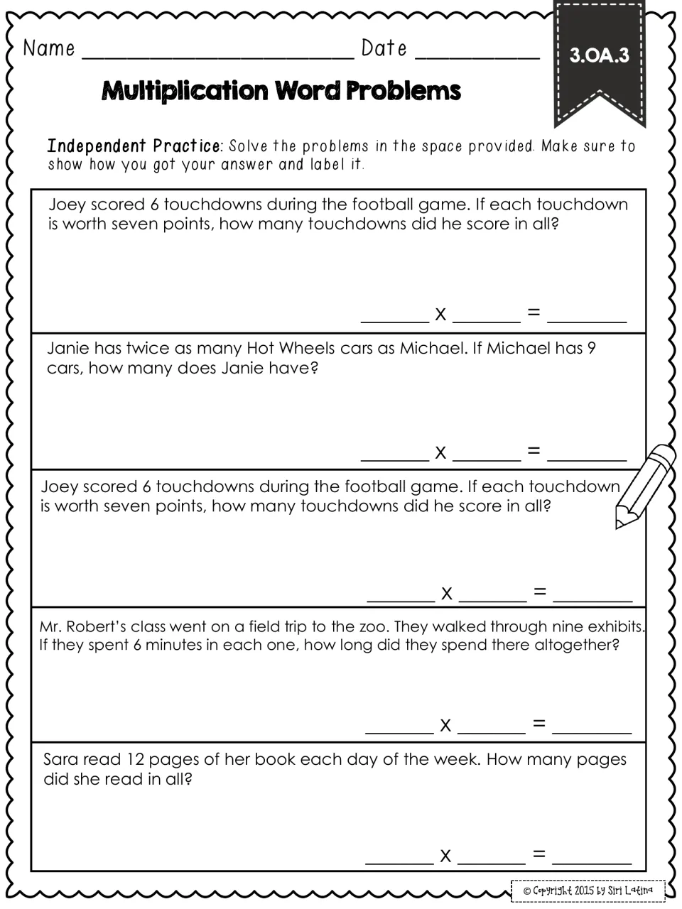 Independent practice: story problems on touchdown points, twice as many cars, zoo exhibit minutes and pages read in a week