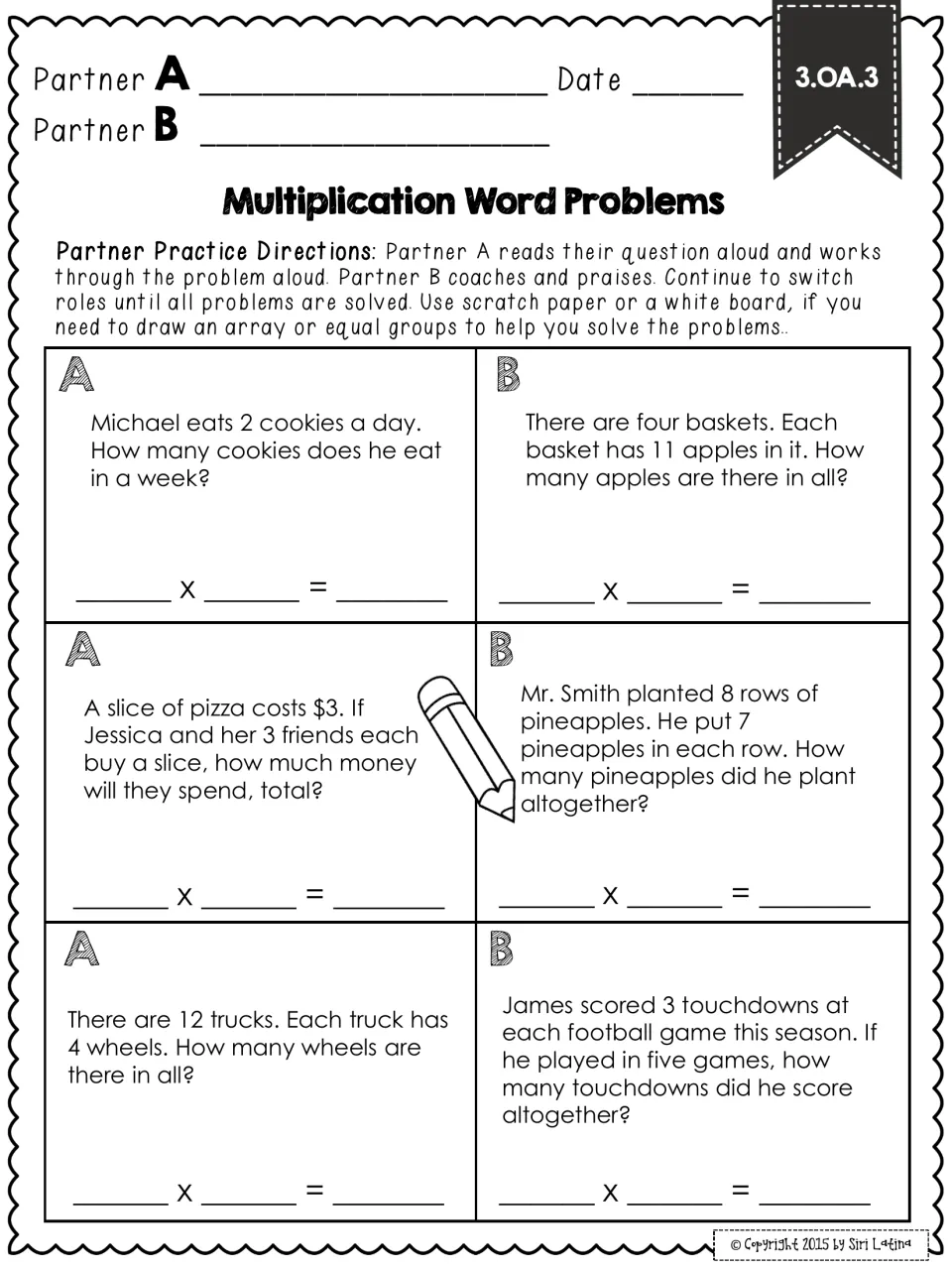 Partner practice: six A/B story problems on cookies, apples, pizza costs, pineapple rows, truck wheels and touchdowns