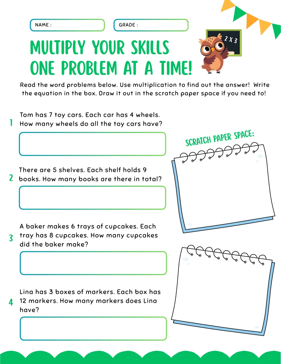 Multiply Your Skills problems 1-4: students write an equation for toy car wheels, shelf books, cupcakes and markers