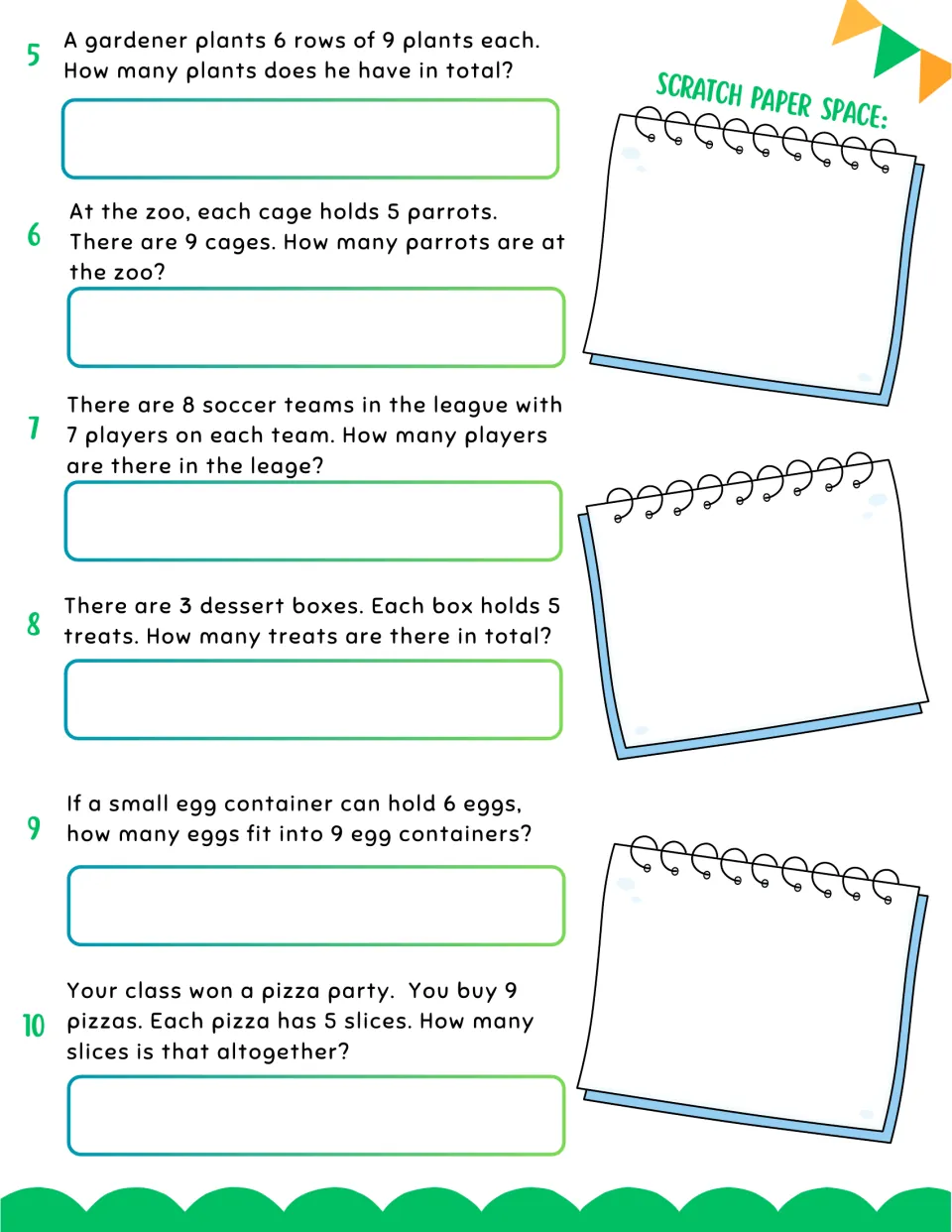 Word problems 5-10: students multiply to find garden plants, zoo parrots, soccer players, treats, eggs and pizza slices