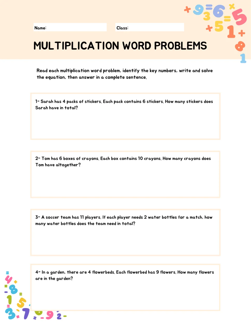 Multiplication story problems 1-4 on stickers, crayons, water bottles and flowers: students solve and answer in a sentence