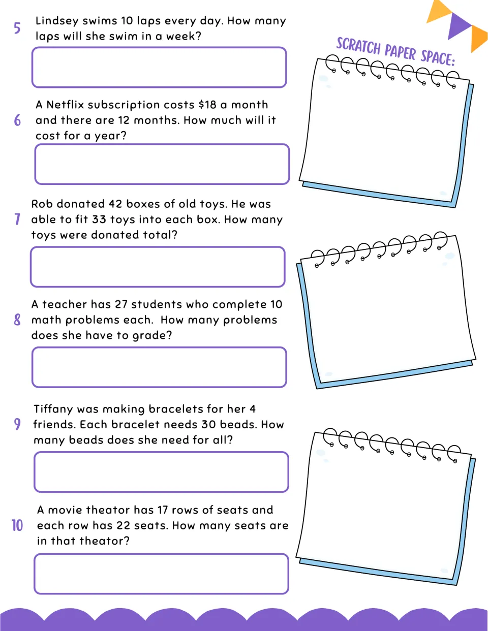 Two-digit word problems 5-10 on swim laps, a yearly subscription, donated toys, beads and theater seats to multiply