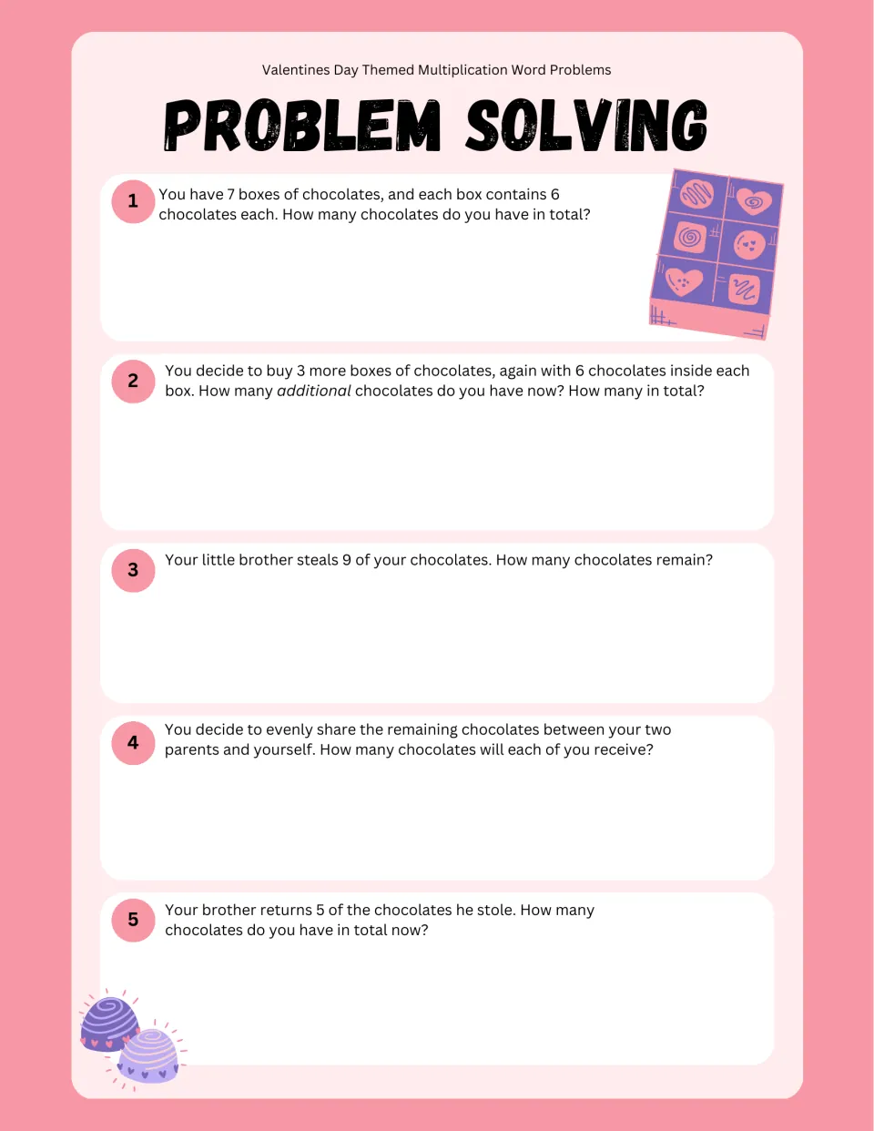 Valentine's Day chocolate problem solving: five linked steps using multiplication, then subtracting and sharing evenly