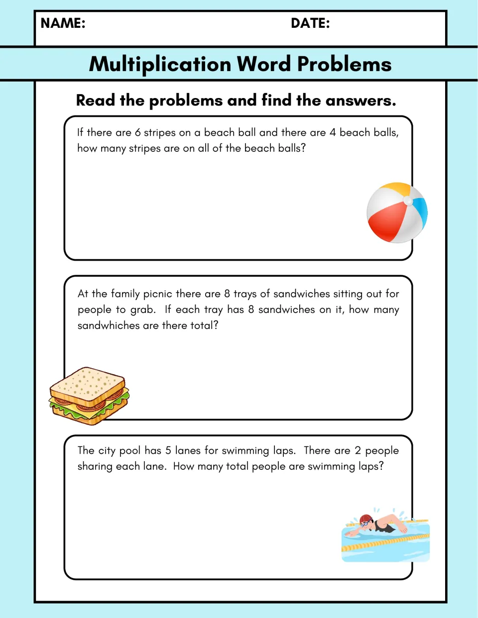 Picnic and pool story problems: students multiply beach ball stripes, 8 trays of 8 sandwiches and swimmers in 5 lanes