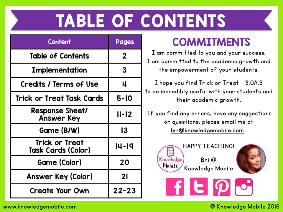 Table of contents listing task cards, response sheet, answer keys, B/W and color games and create-your-own cards by page