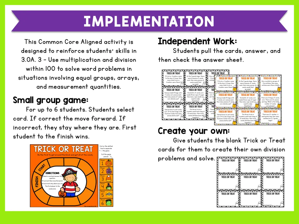 Implementation notes: cards for independent work, a board game for up to 6 students, and blank cards to write problems