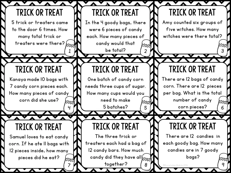 Task cards 1-9: students solve equal-groups multiplication word problems about trick-or-treaters, candy and witches