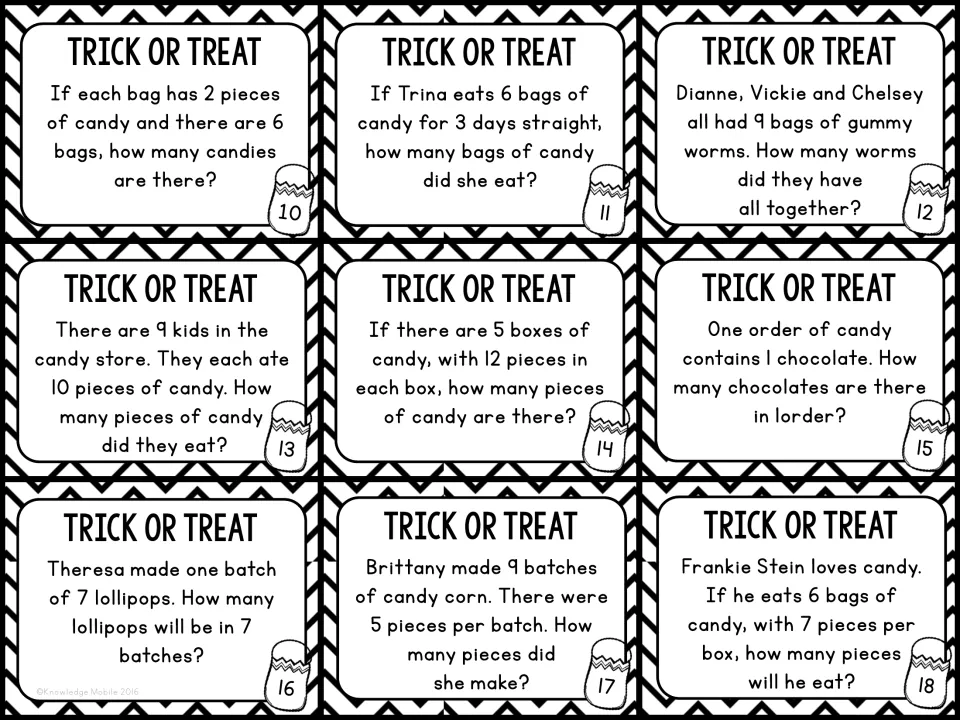 Task cards 10-18: students multiply to find totals of candy bags, gummy worms, lollipops and candy corn batches