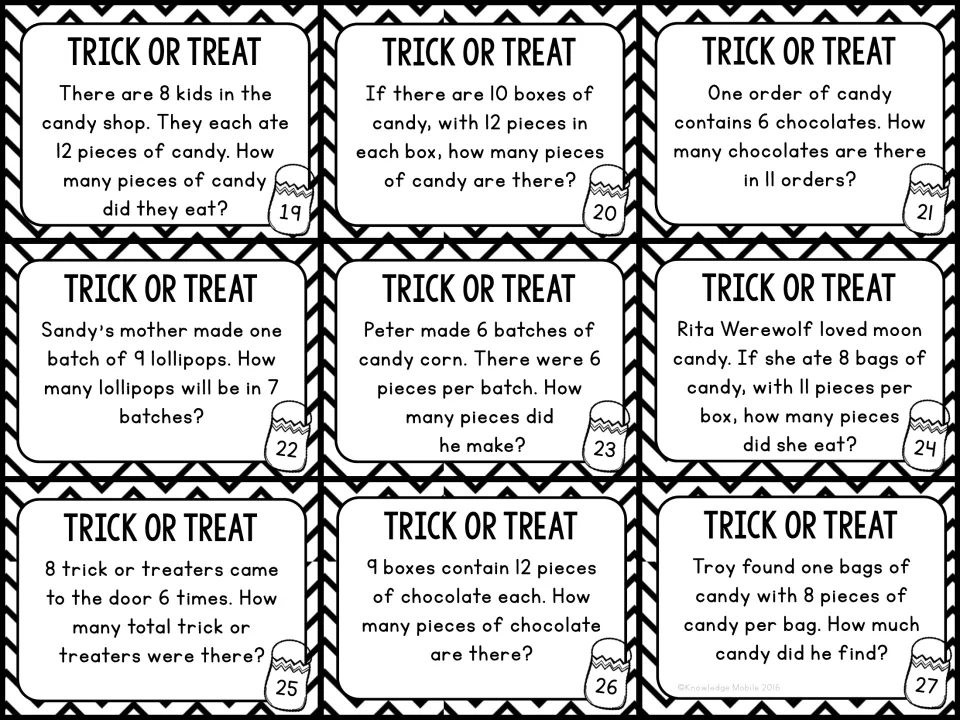 Task cards 19-27: students solve problems on kids eating candy, boxes of 12 pieces, chocolate orders and lollipop batches