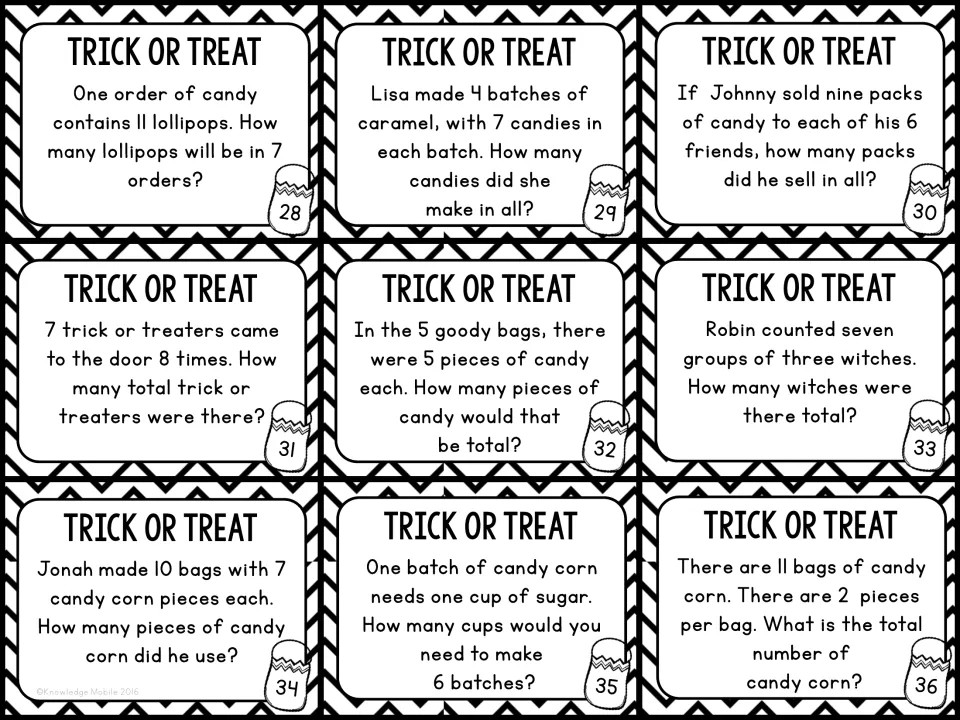Task cards 28-36: multiplication story problems with lollipop orders, caramel batches, goody bags and groups of witches