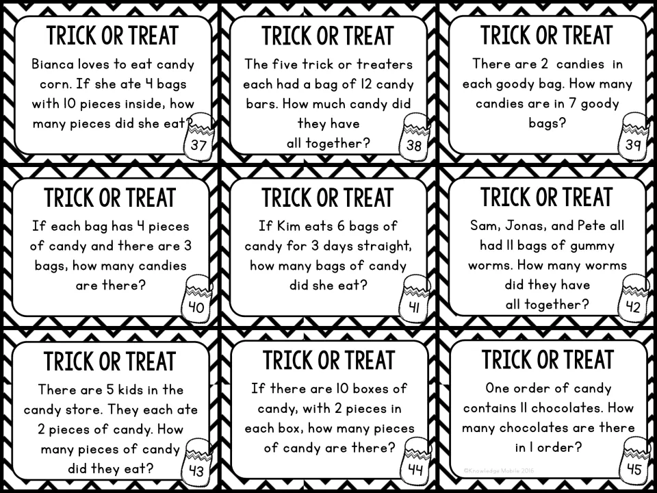 Task cards 37-45: students find products for bags of candy corn, candy bars, gummy worms and chocolates per order