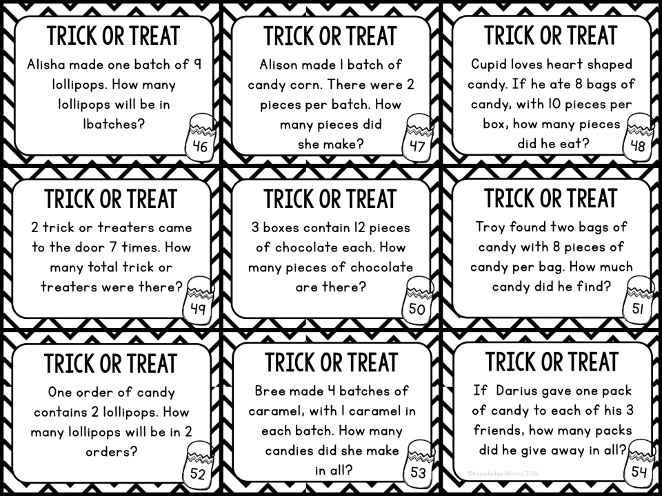 Task cards 46-54: last set of equal-groups problems with lollipops, heart candy, chocolate boxes and packs given to friends