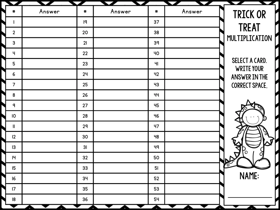 Multiplication response sheet: students select a card and record the answer for each of problems 1-54, with a name line