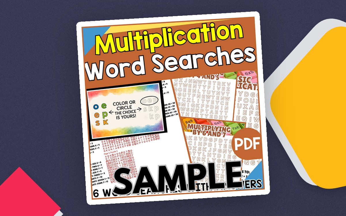 Multiplication Word Search: 1 Page Sample (PDF) preview