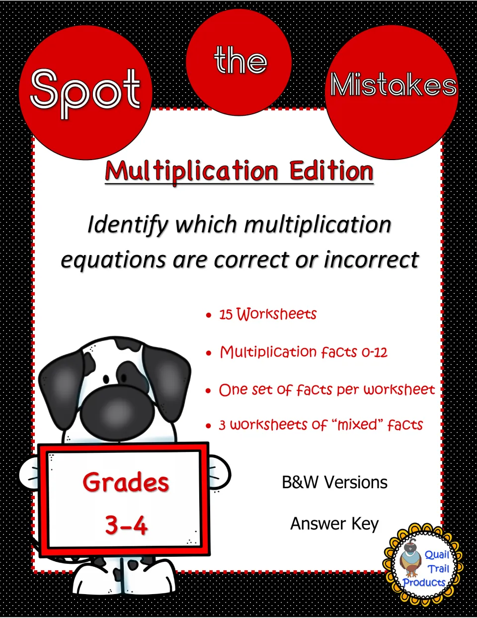 Spot the Mistakes Multiplication Edition cover: 15 worksheets on facts 0-12, 3 mixed-fact sheets, B&W versions and a key