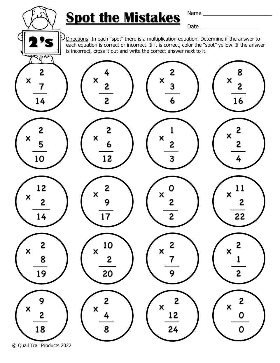 Multiplying by 2: students judge 20 equations like 2 x 9 = 17 as right or wrong, coloring correct ones and fixing errors