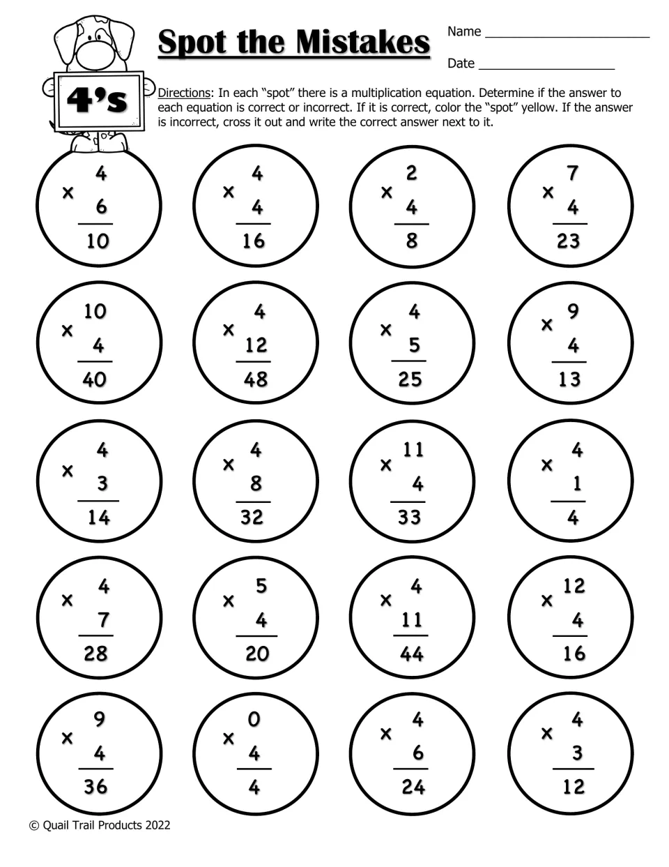 4s facts error hunt: students decide if 20 answers like 9 x 4 = 13 are correct, color true ones yellow, cross out others