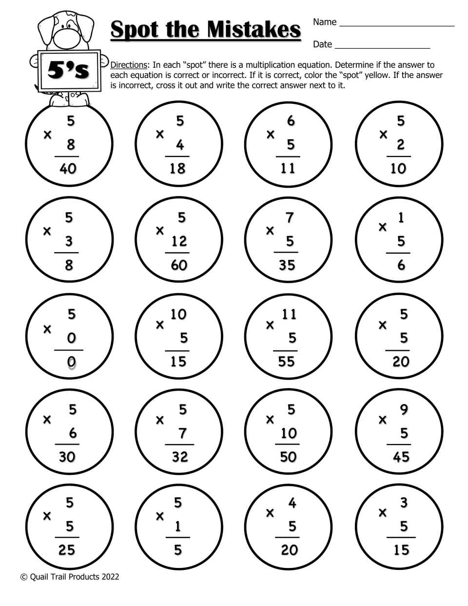 Multiplying by 5: students spot incorrect products such as 5 x 7 = 32 in 20 equations and write the right answer beside